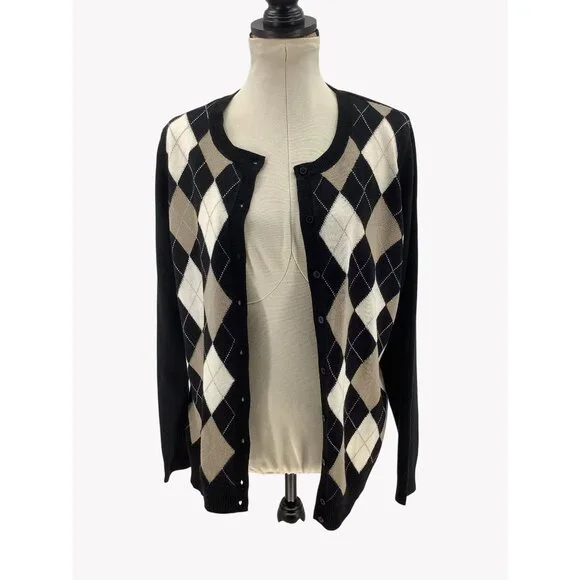 Croft & Barrow Womens XL Argyle Button-Front Cardigan Sweater Black Beige White - Picture 2 of 8